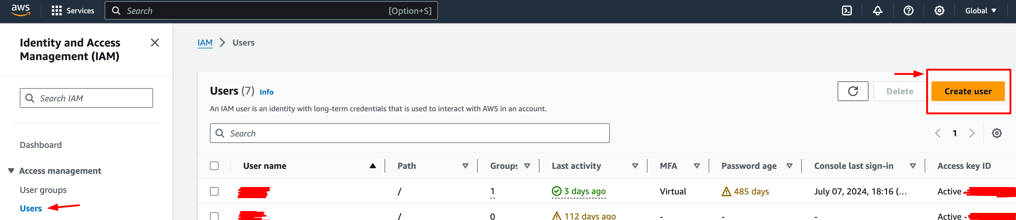 Create User screen on the AWS Dashboard