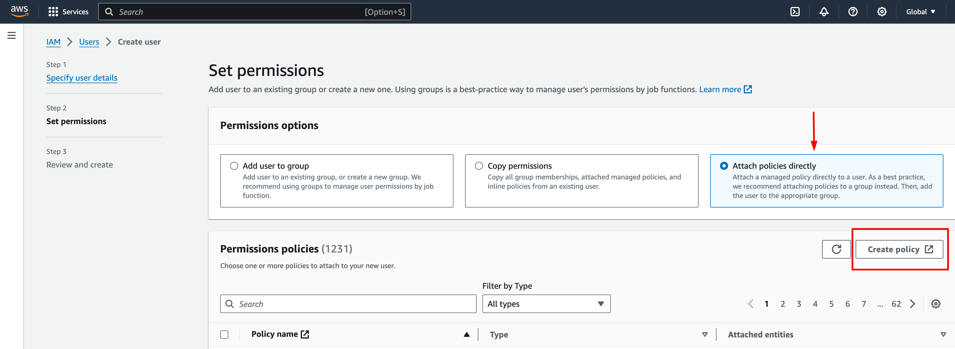 Add Permissions to User screen on the AWS Dashboard