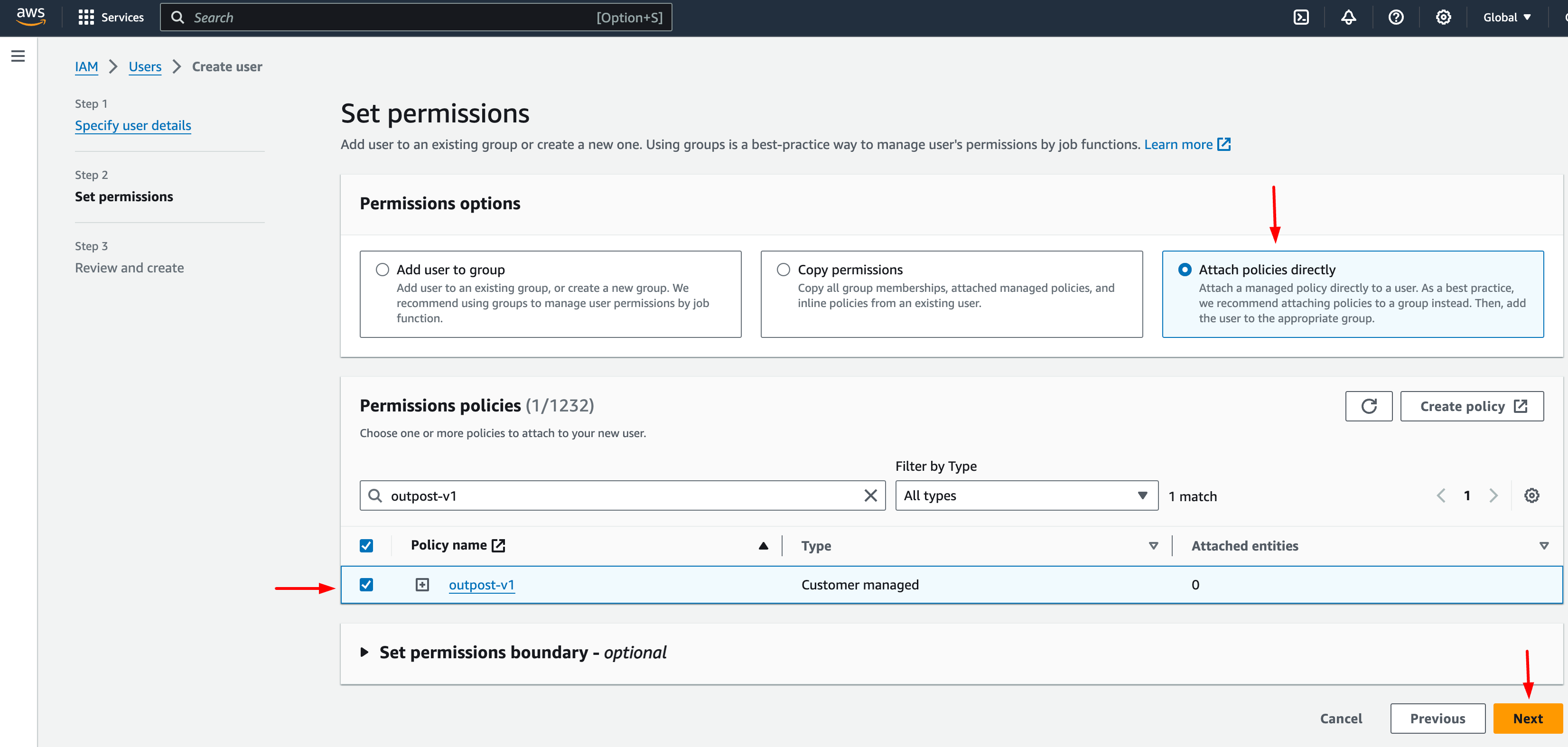 Verify the added policy Permissions to User screen on the AWS Dashboard