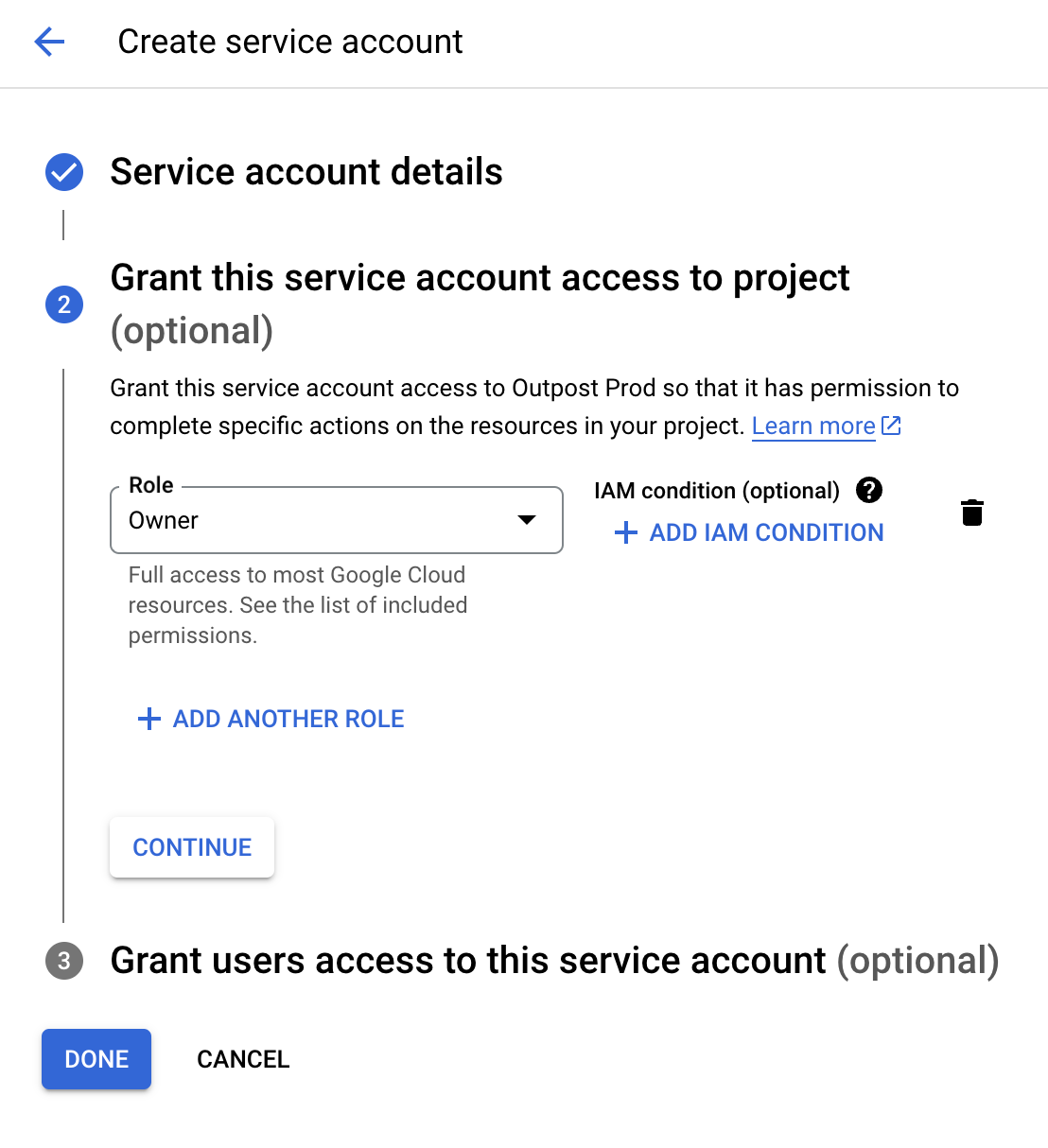 Create Service Account screen on the GCP Dashboard