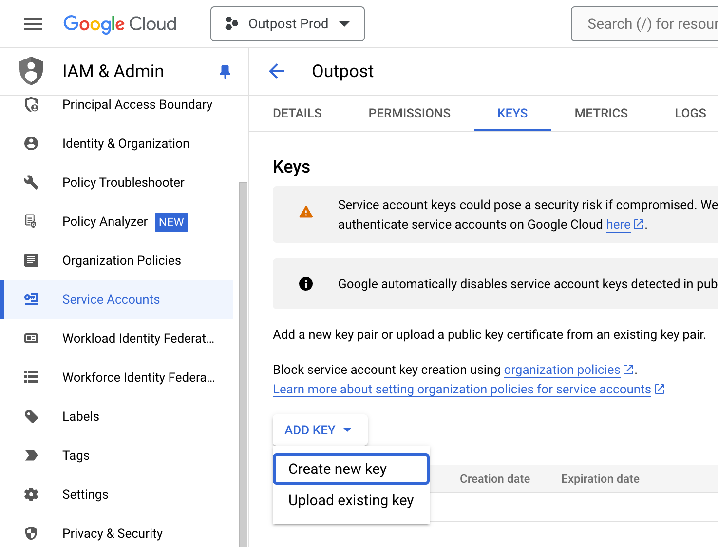 Create new key for the service account on the GCP Dashboard