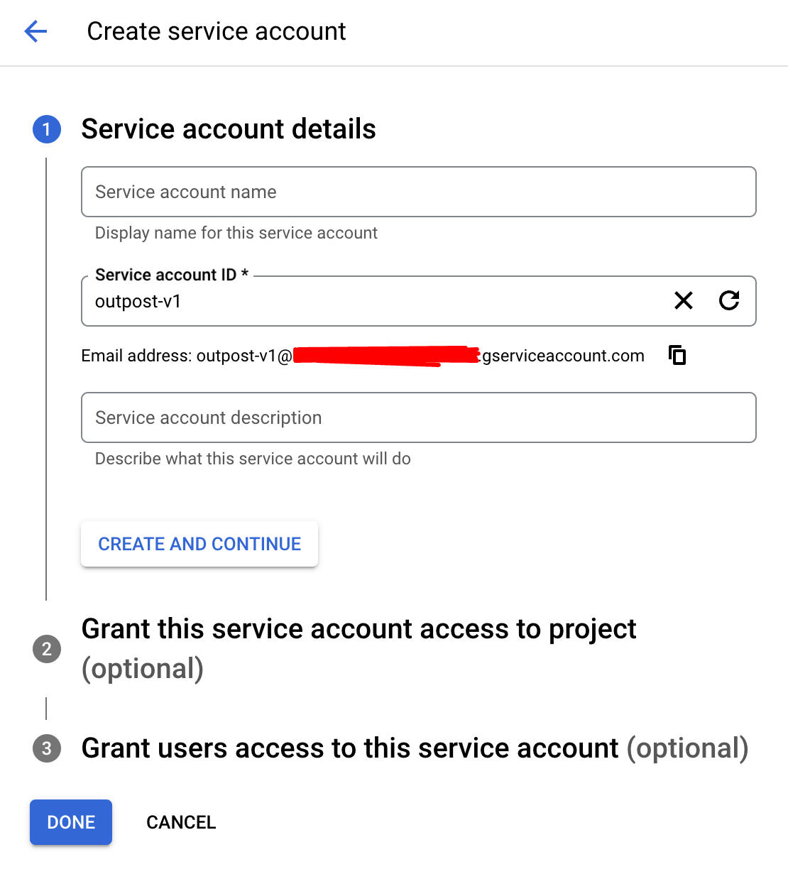 Create Service Account screen on the GCP Dashboard