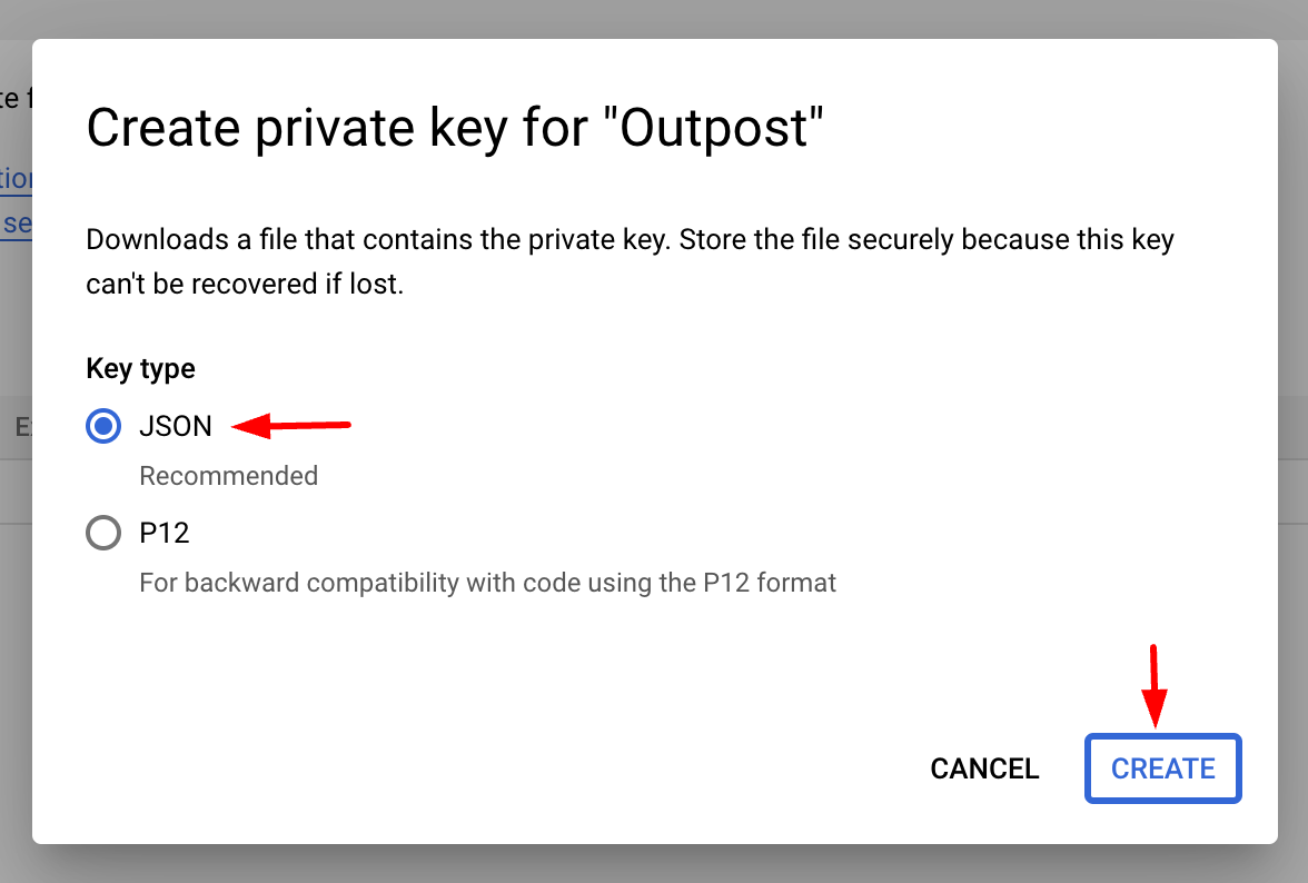 Download key for the service account on the GCP Dashboard