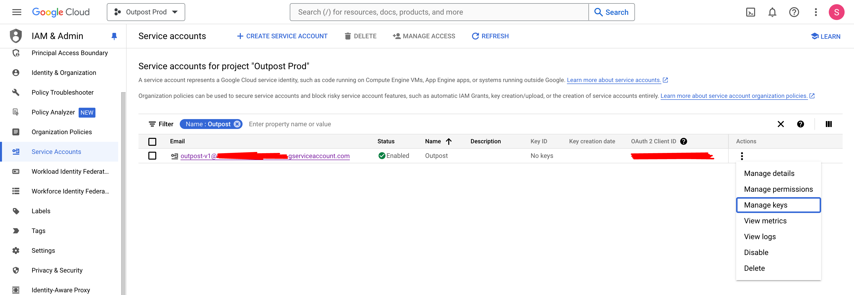 Manage keys for the service account on the GCP Dashboard