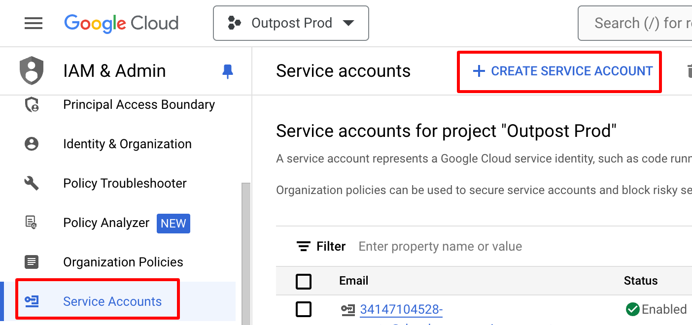 Service Accounts tab on the GCP Dashboard