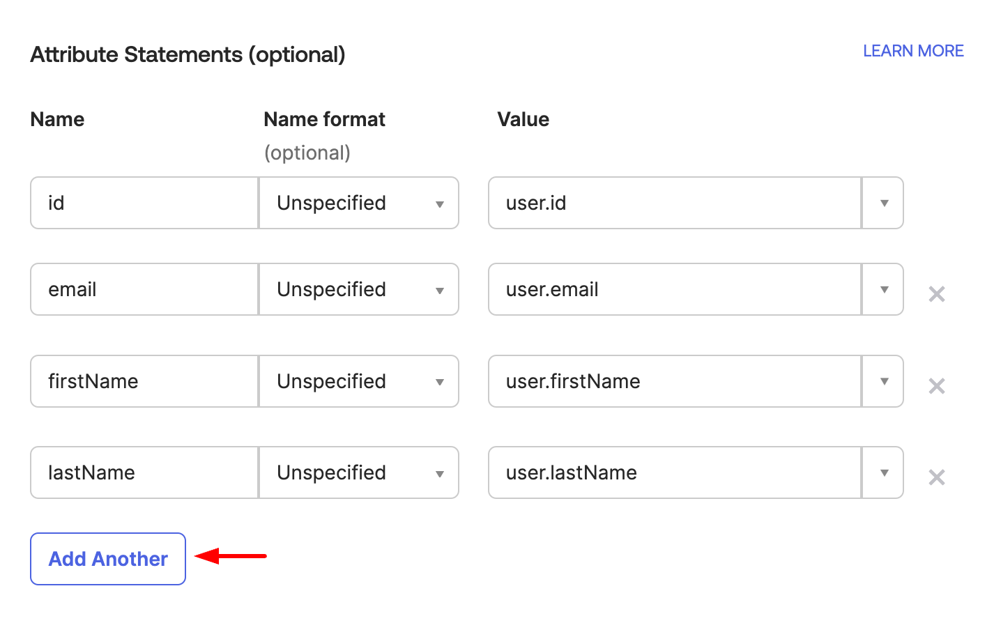 Attribute Statements section on the Okta Dashboard