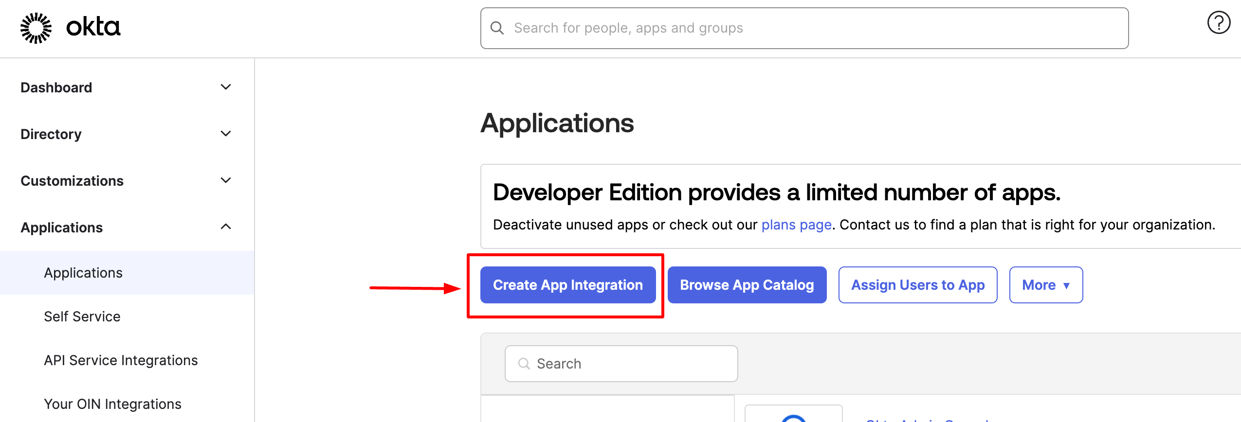 Create App Integration button on the Okta Dashboard