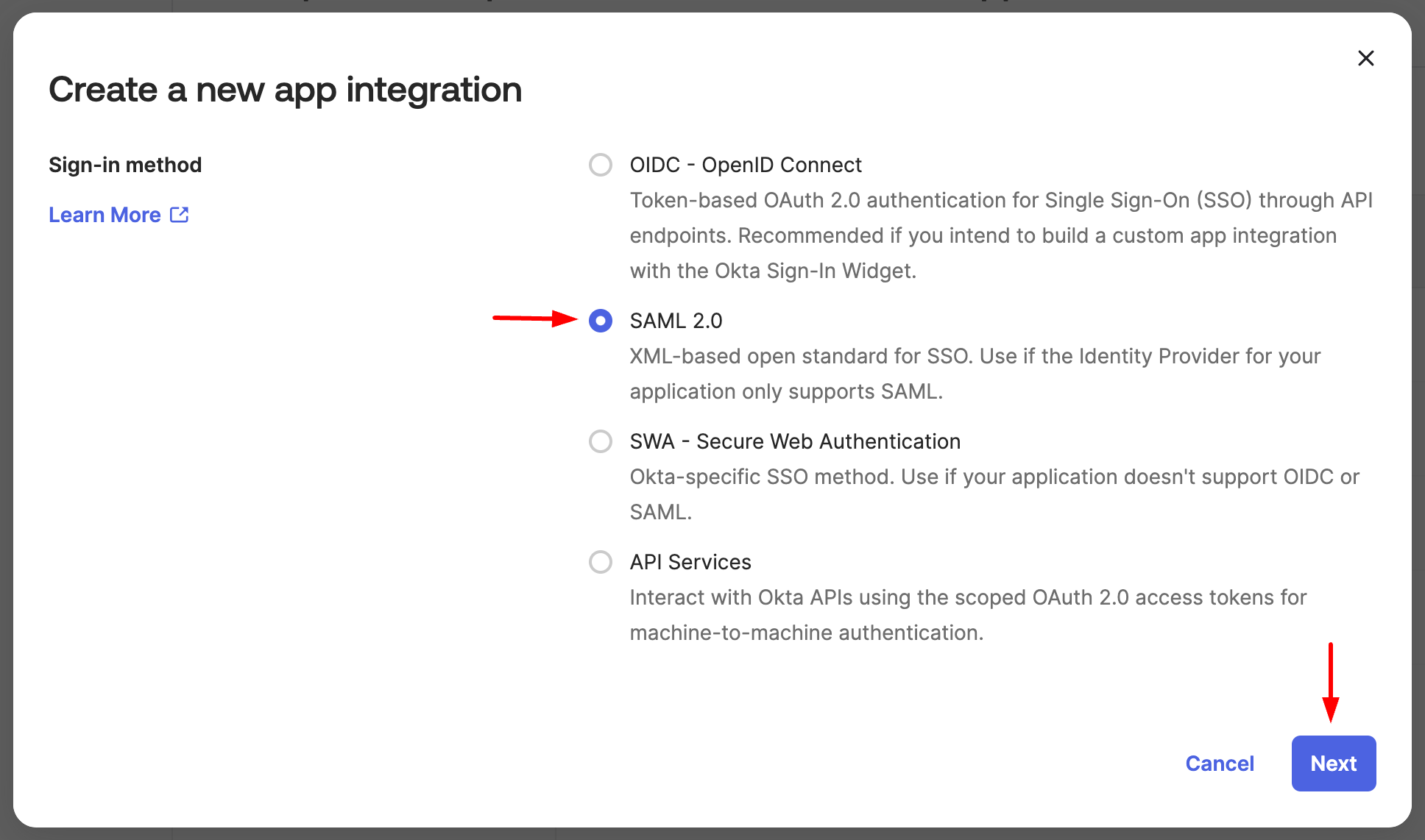 Saml 2.0 option on the Okta Dashboard