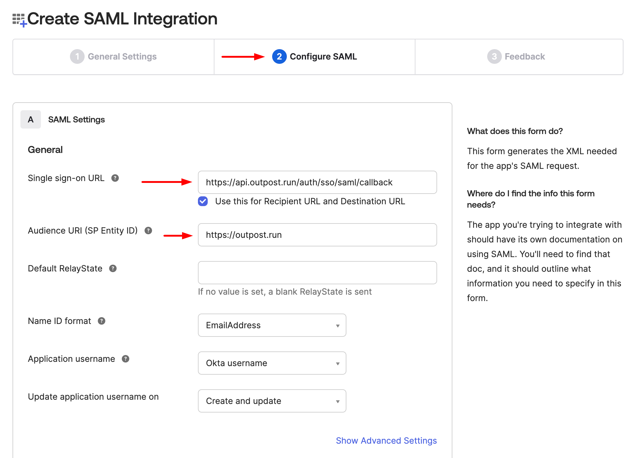 SAML Settings page on the Okta Dashboard